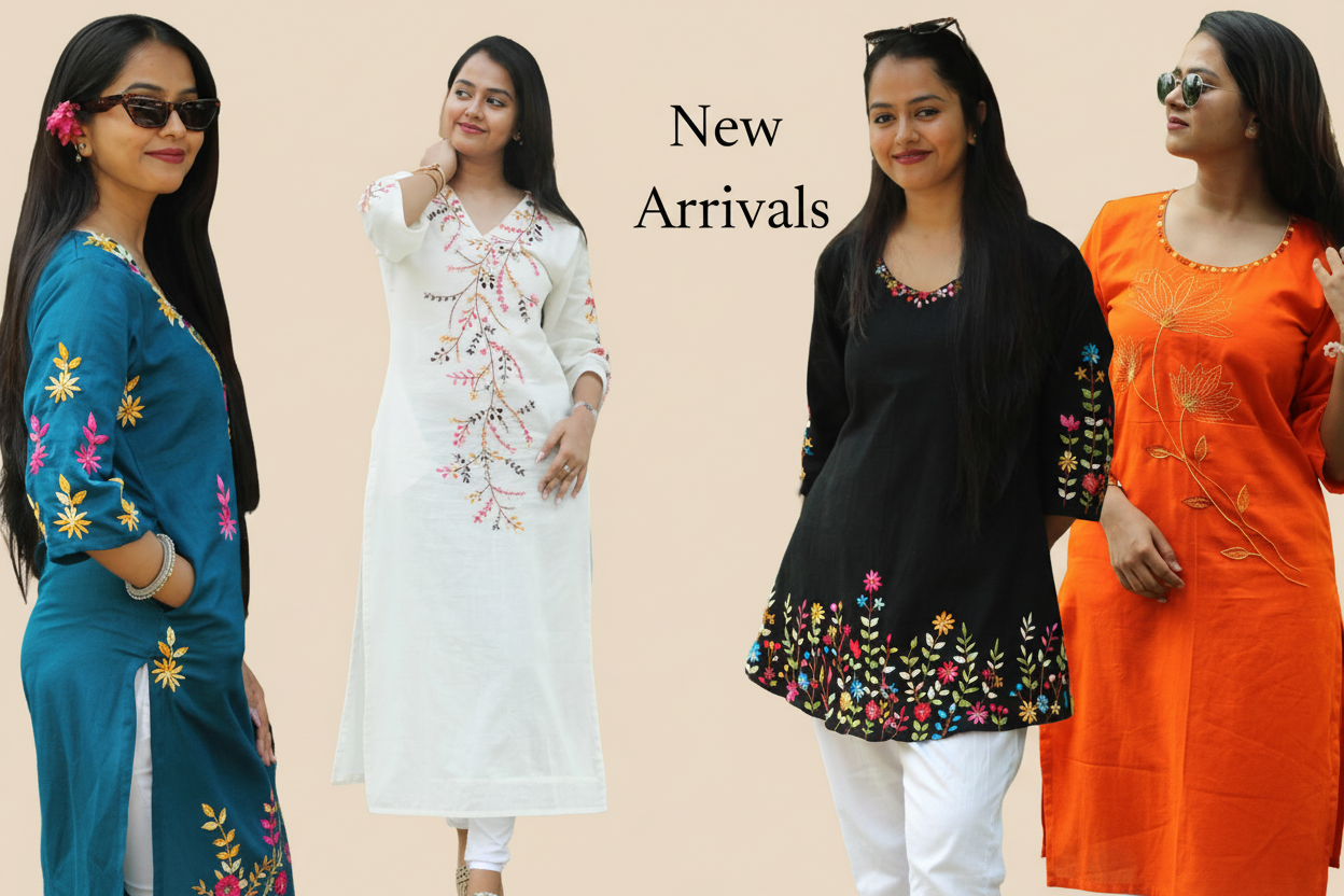 Four women wearing colorful kurtis with text 'New Arrivals' on a beige background